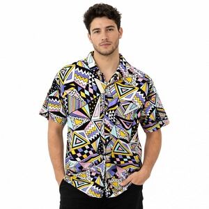 Super Massive Geometric Print Button Up Shirt Cotton Retro Streetwear Men XL